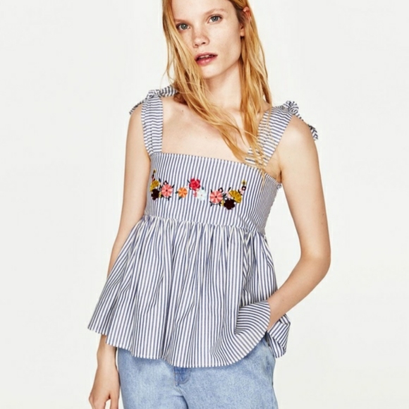 Zara trf striped top with floral embroidery